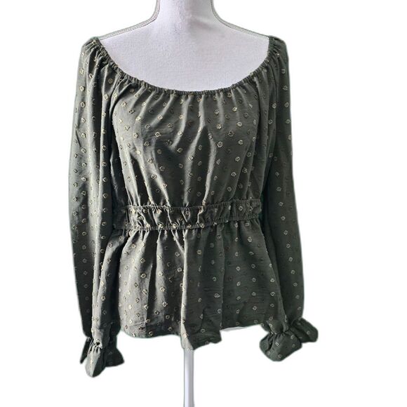 Rooscier Green Swiss Dots Puff Long Sleeve Scoop Neck Ruffle Hem Blouse Sz XL - Picture 4 of 8